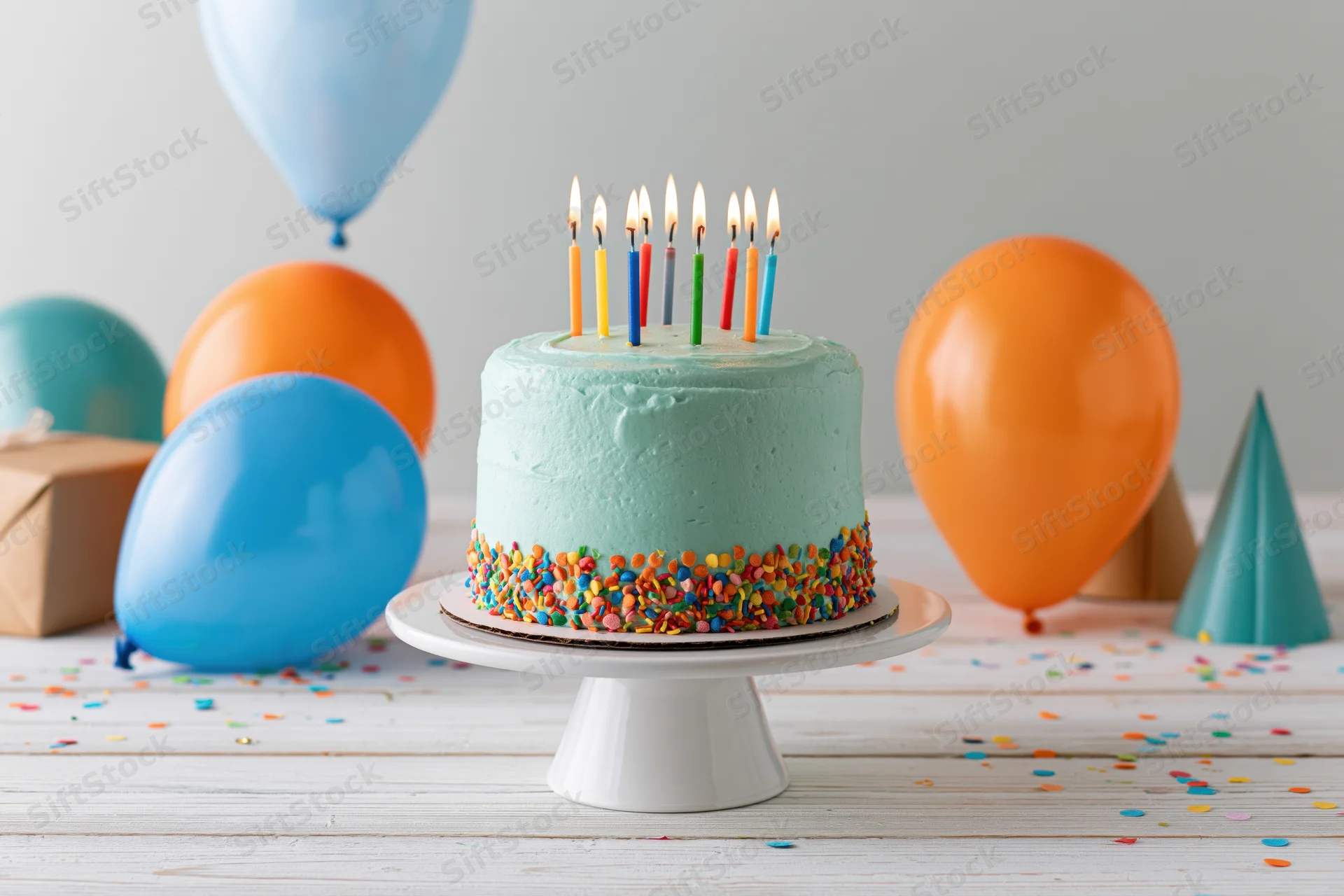 Birthday cake with lit colorful candles on a white cake stand surrounded by balloons and confetti on a wooden table
