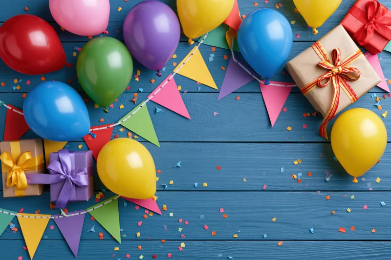 Colorful balloons, wrapped gifts, and bunting arranged on a blue wooden surface with scattered confetti for a birthday celebration flat lay