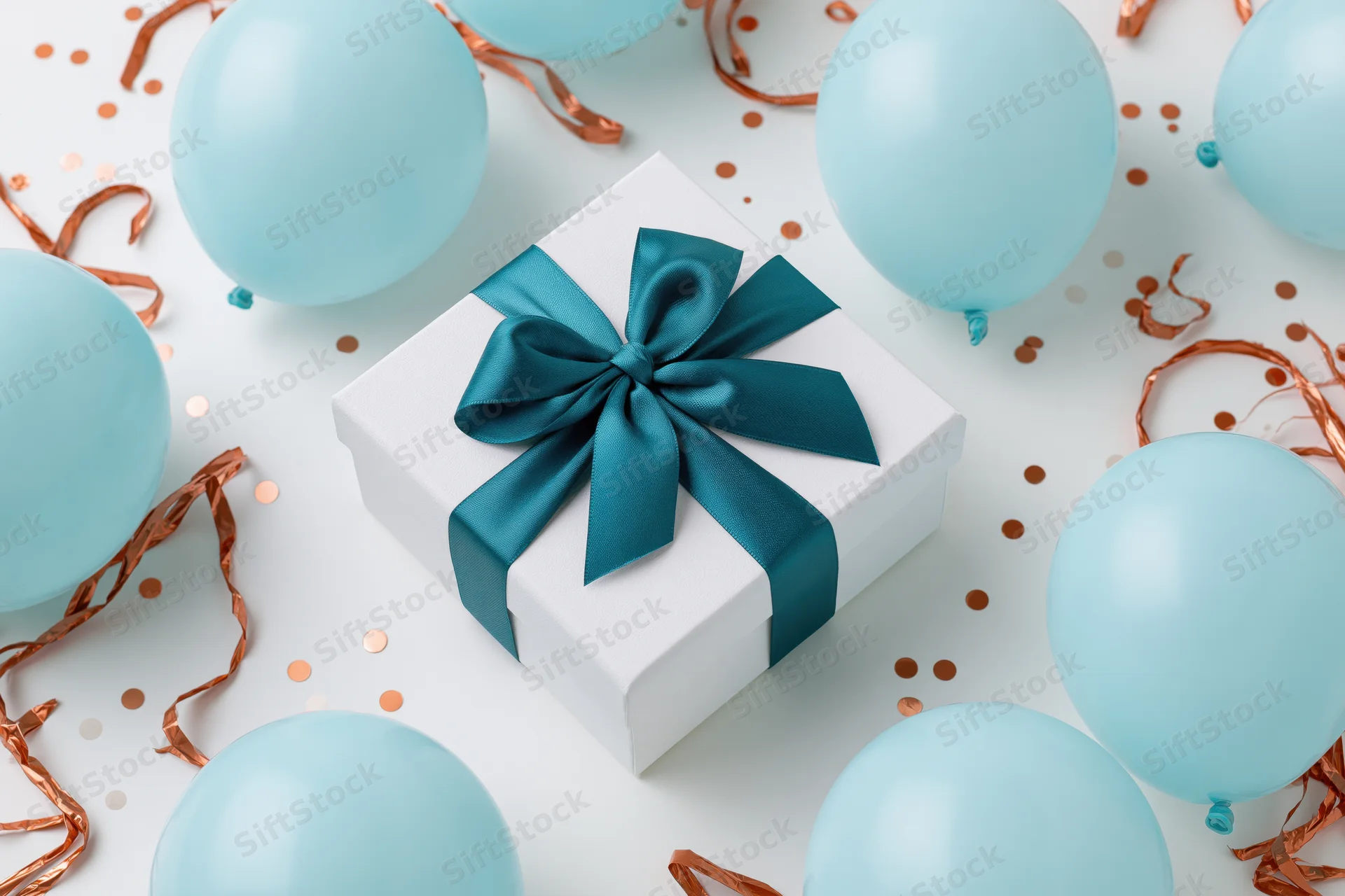 White gift box with blue satin ribbon bow surrounded by blue balloons and copper confetti on white surface