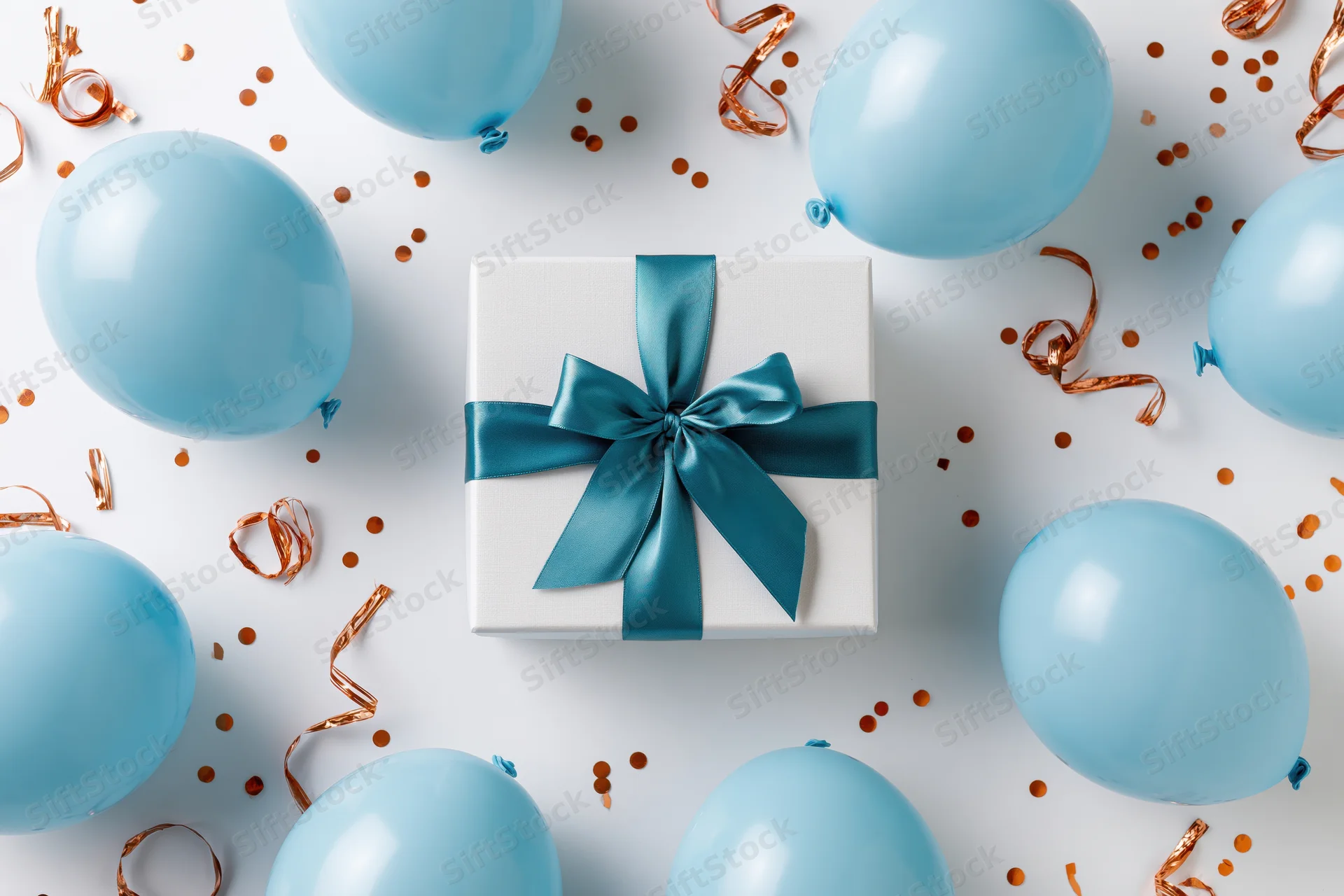 White gift box with blue ribbon surrounded by blue balloons and confetti on white surface