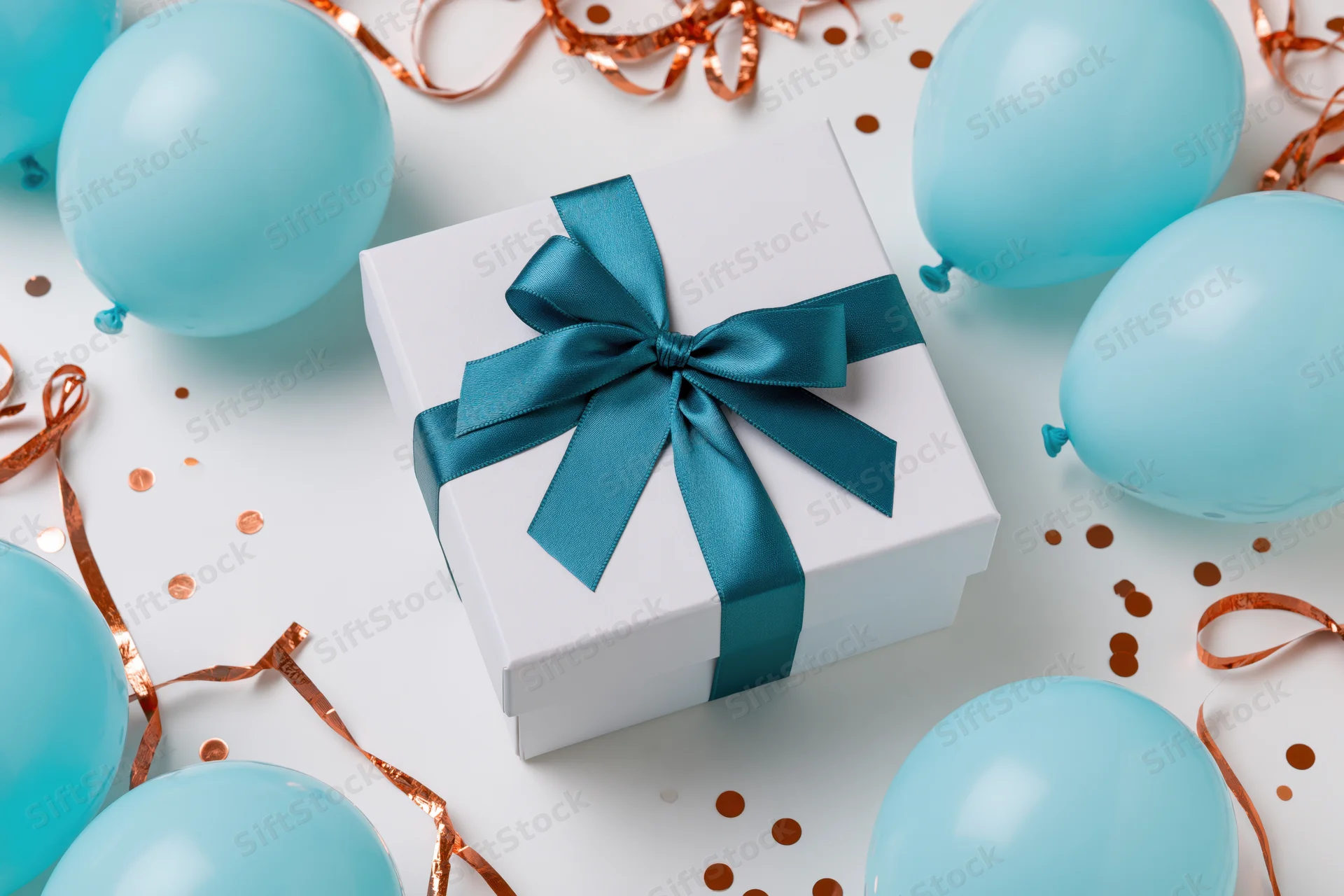 White gift box with teal ribbon and bow surrounded by blue balloons and copper streamers on white surface