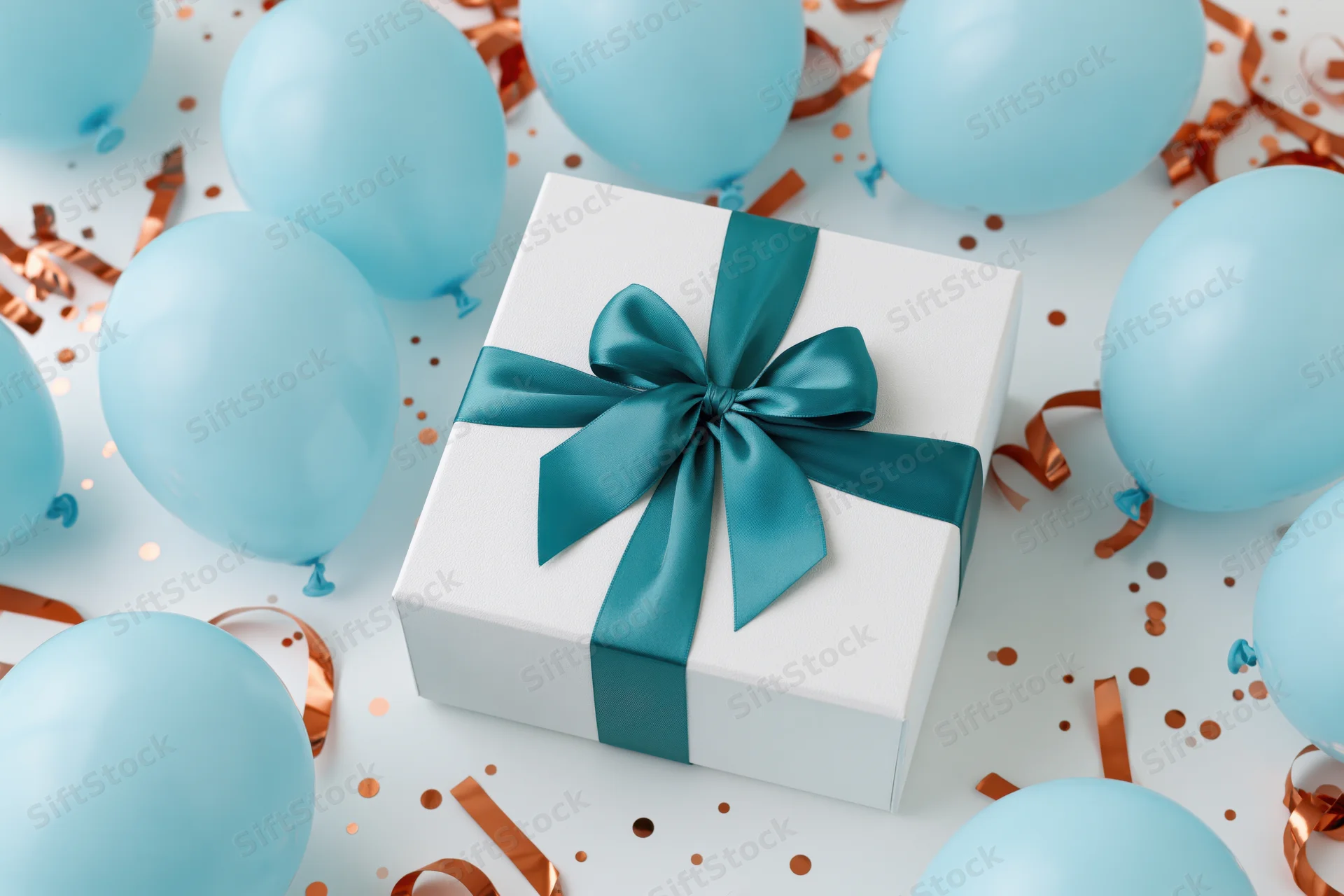 White gift box with teal ribbon bow surrounded by blue balloons and confetti on white surface