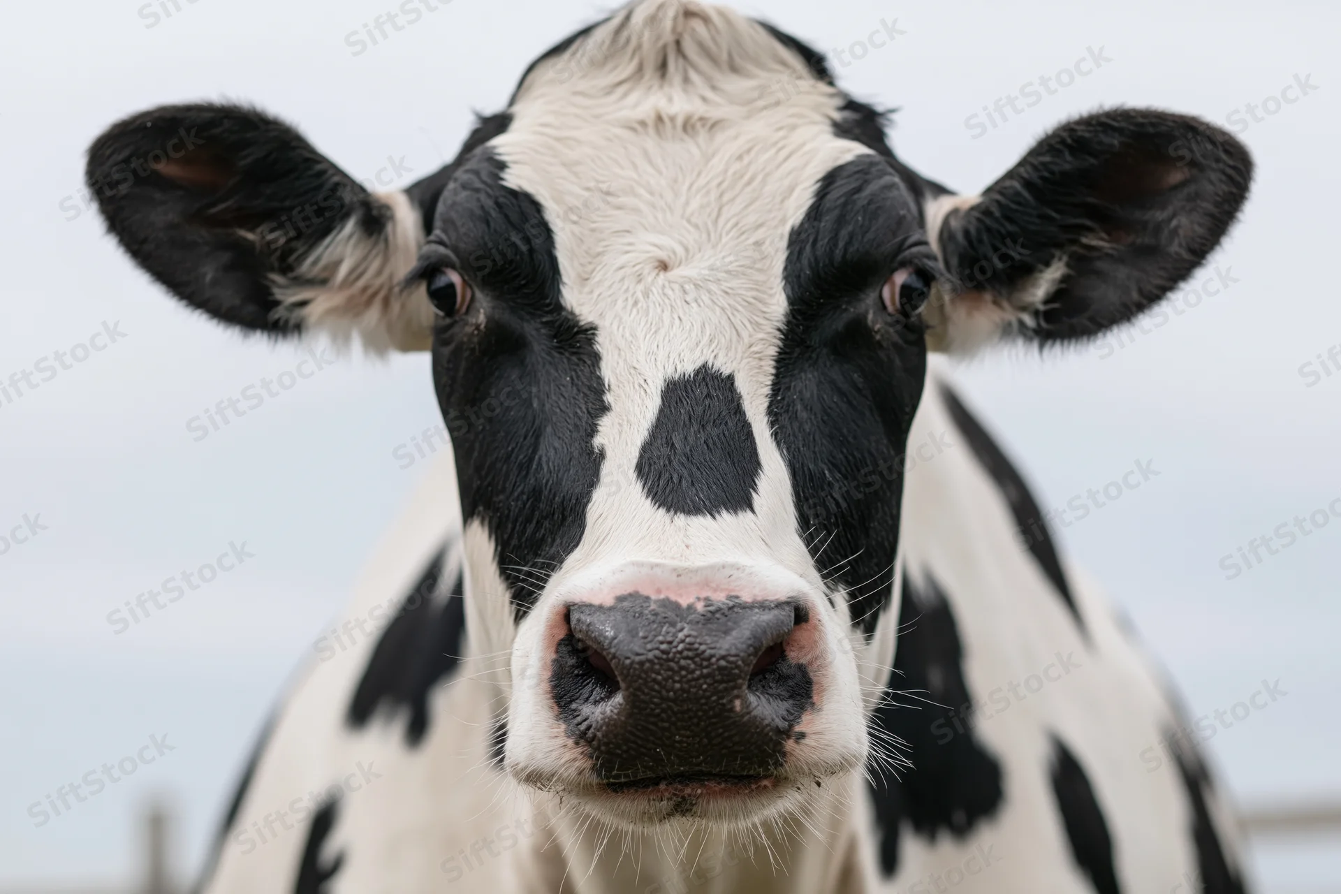 Close-up of a black and white holstein cow facing the camera with a calm expression in a farm setting