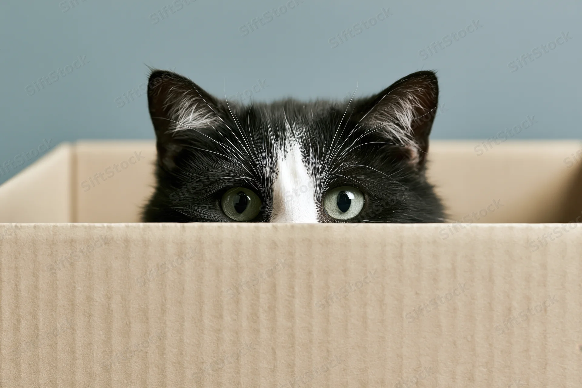 Black and white tuxedo cat peeking over edge of cardboard box indoors