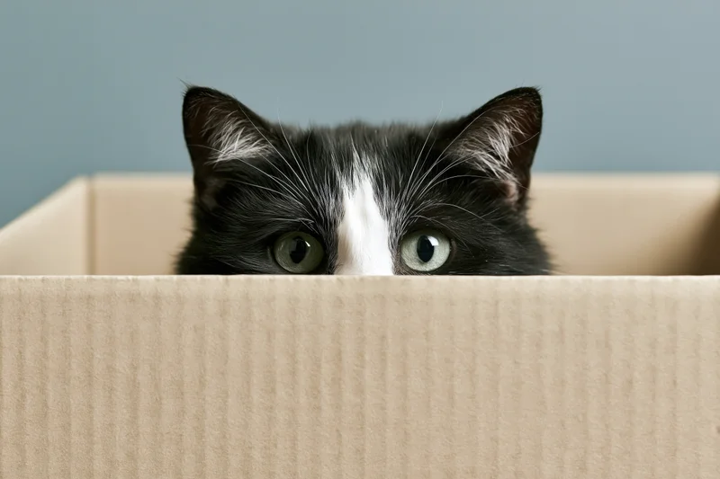 Black and white tuxedo cat peeking over edge of cardboard box indoors