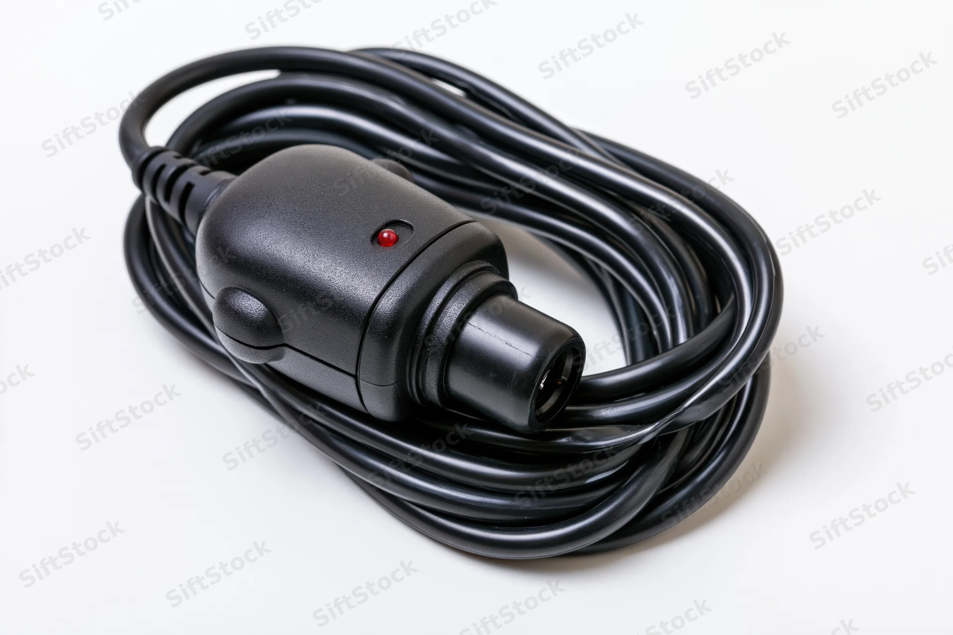 Coiled black car cigarette lighter adapter plug on white background