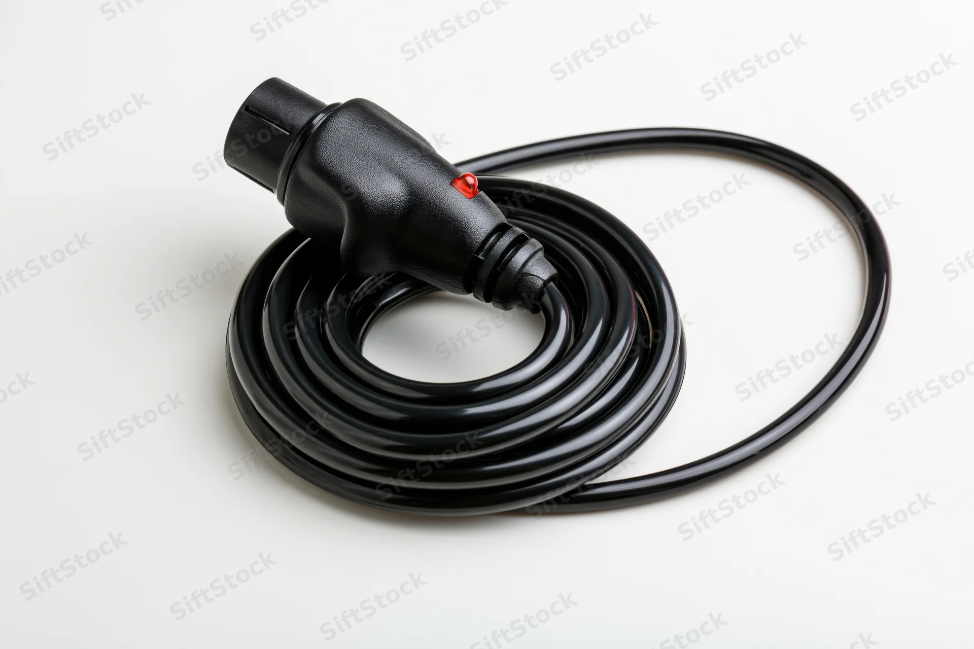 Black car cigarette lighter adapter plug with coiled cable on white background