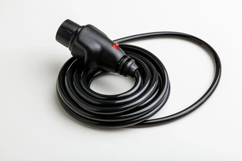 Black car cigarette lighter adapter plug with coiled cable on white background