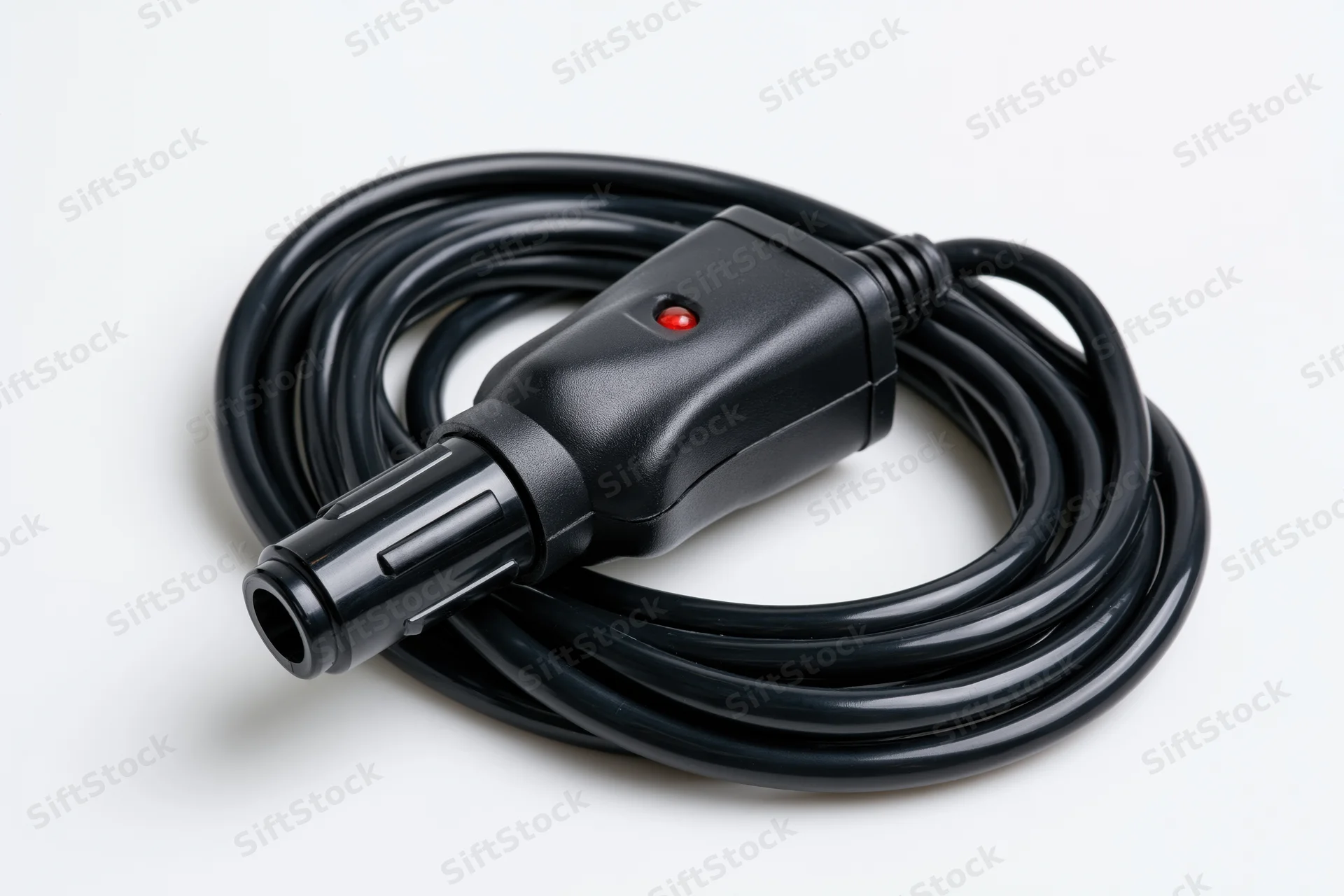 Coiled black car cigarette lighter adapter plug with red indicator light on white background