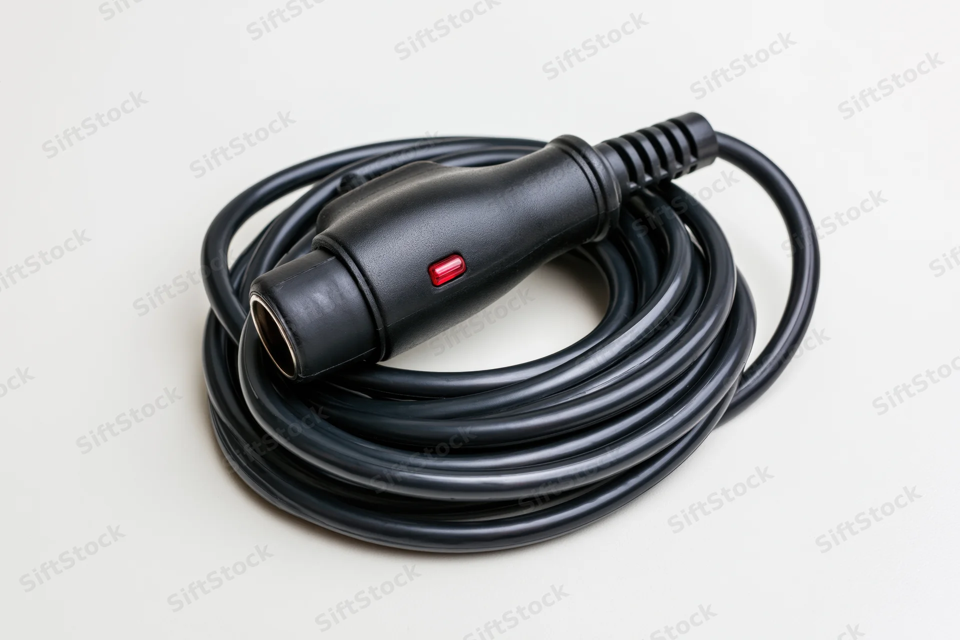 Coiled black car cigarette lighter adapter plug on white background
