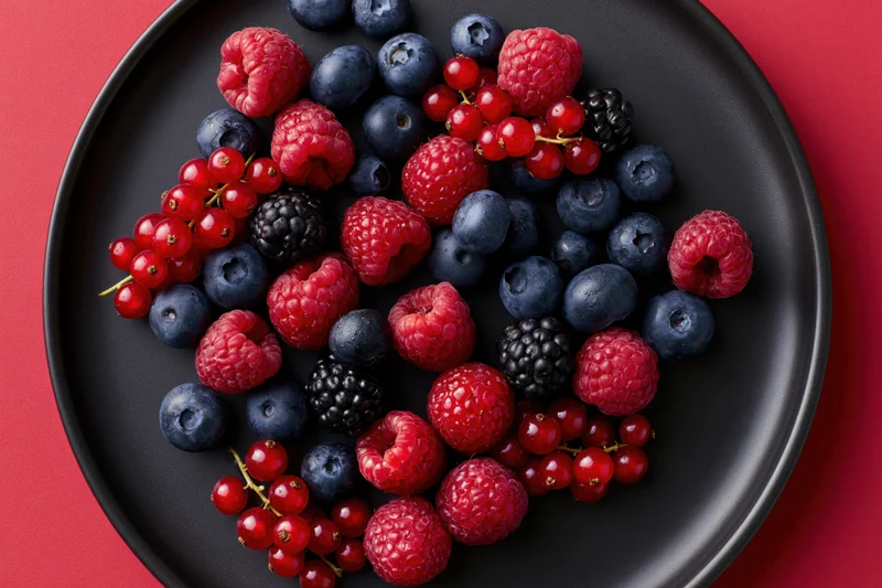 Mixed berries arranged on a black ceramic plate against a red background