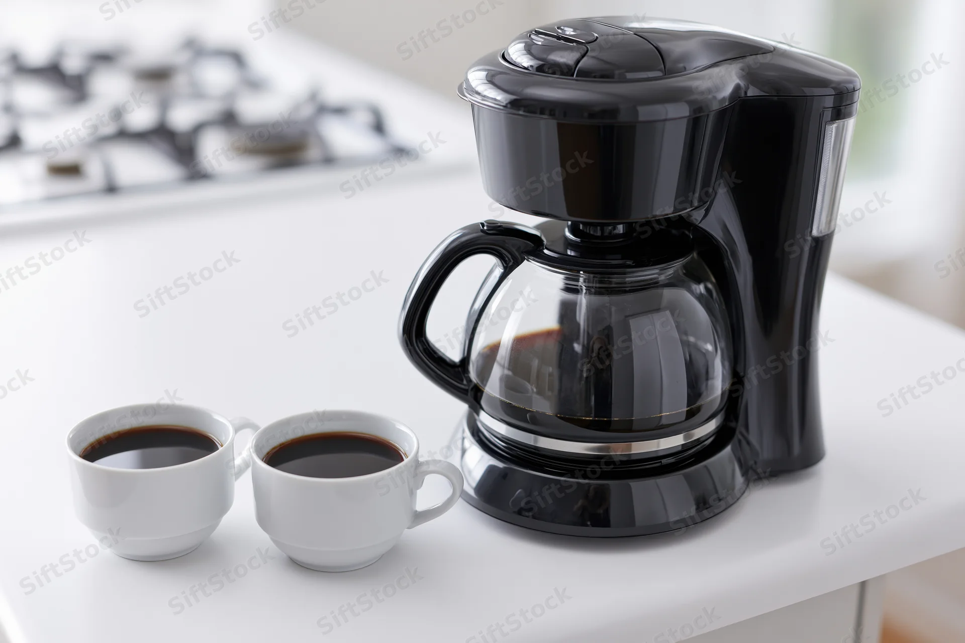 Black drip coffee maker with full glass carafe and two white cups on white kitchen countertop
