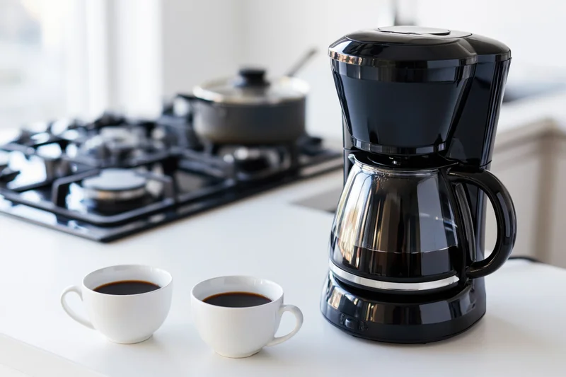 Black drip coffee maker with full glass carafe and two white cups on kitchen countertop near gas stove