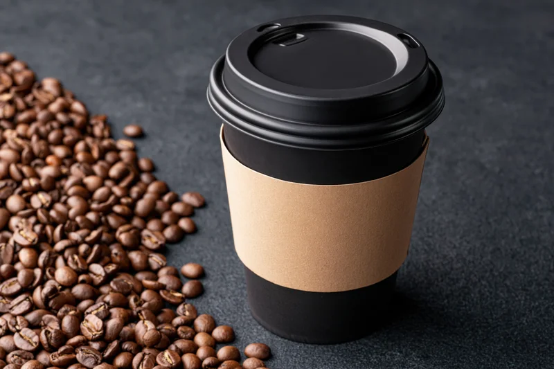 Black paper takeaway coffee cup with kraft sleeve and roasted coffee beans on dark stone surface
