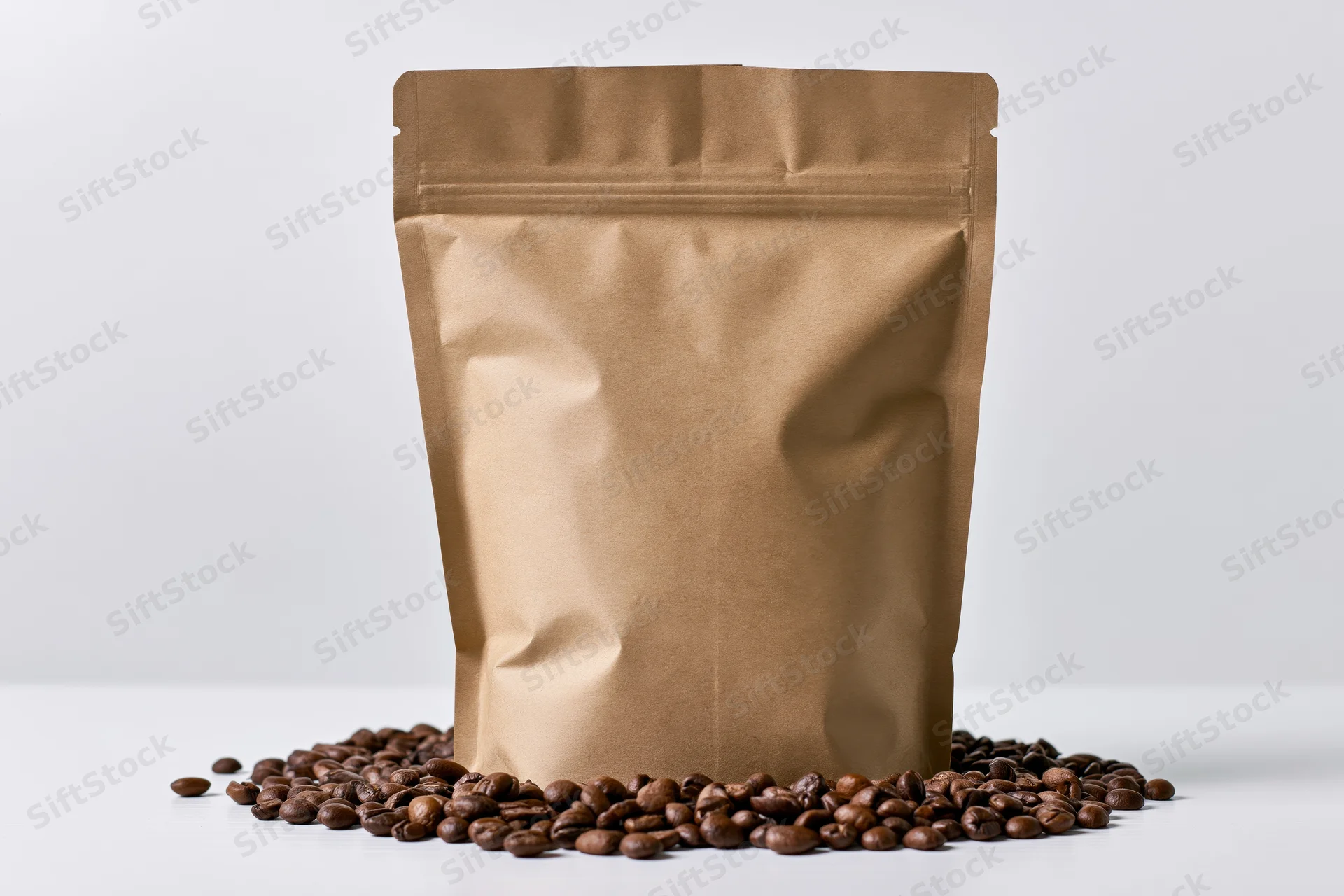 Blank kraft paper coffee bag standing upright with scattered coffee beans on white surface