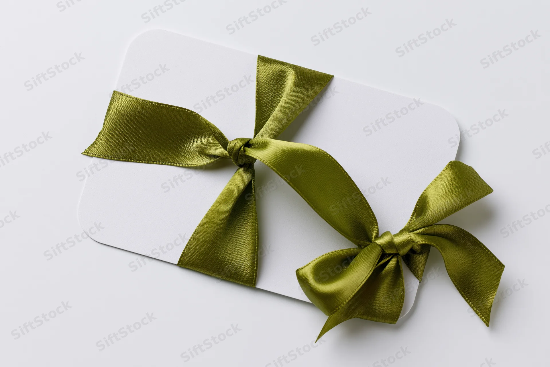 White gift card with olive satin ribbon tied in bow on plain background