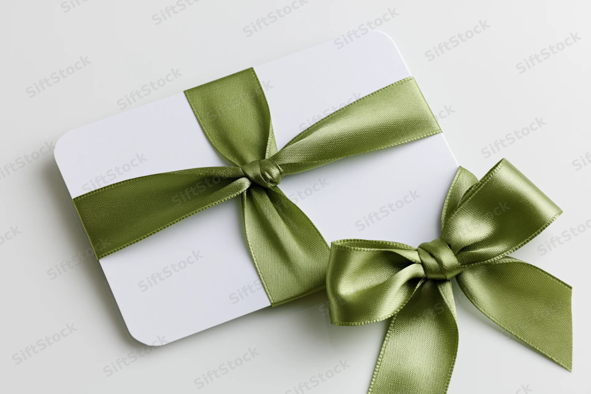 White gift card with olive satin ribbon tied in bow on plain surface