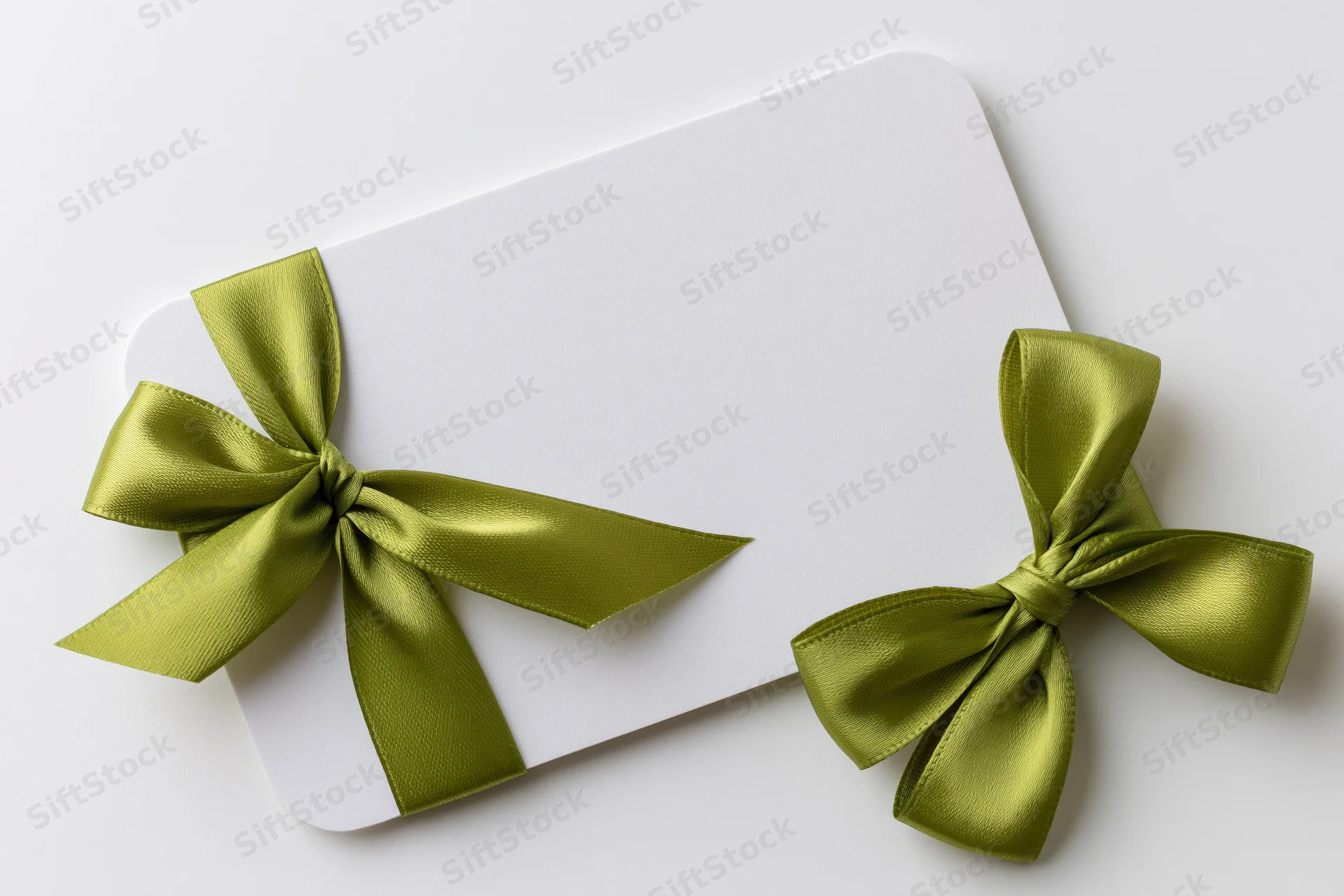 Blank white gift card with olive satin ribbon bows on white background