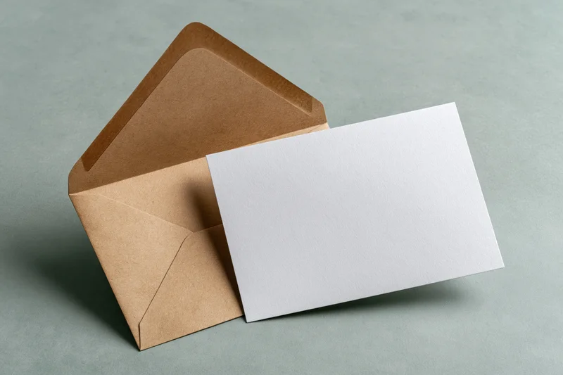 Blank white greeting card leaning against open kraft paper envelope on gray surface