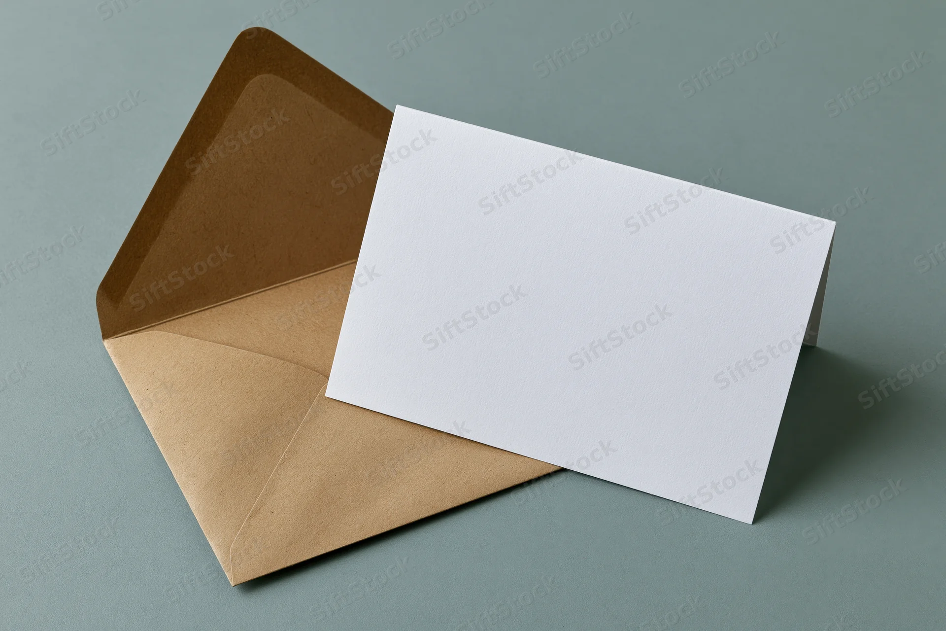 Blank white greeting card leaning against open kraft envelope on gray surface