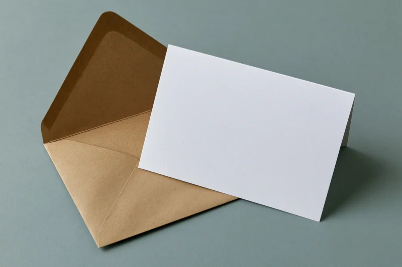 Blank white greeting card leaning against open kraft envelope on gray surface