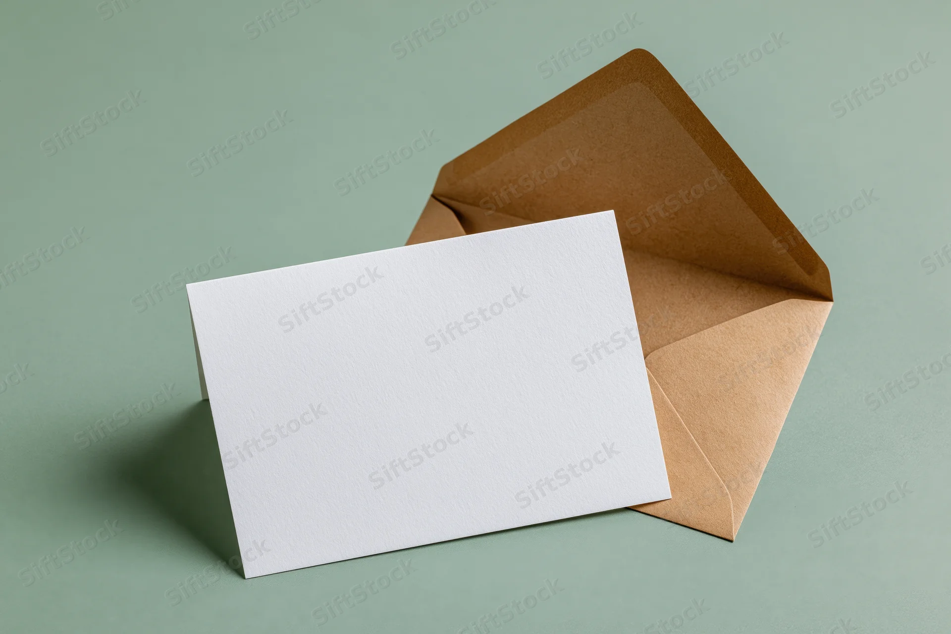 Blank white greeting card leaning against open kraft paper envelope on muted green surface