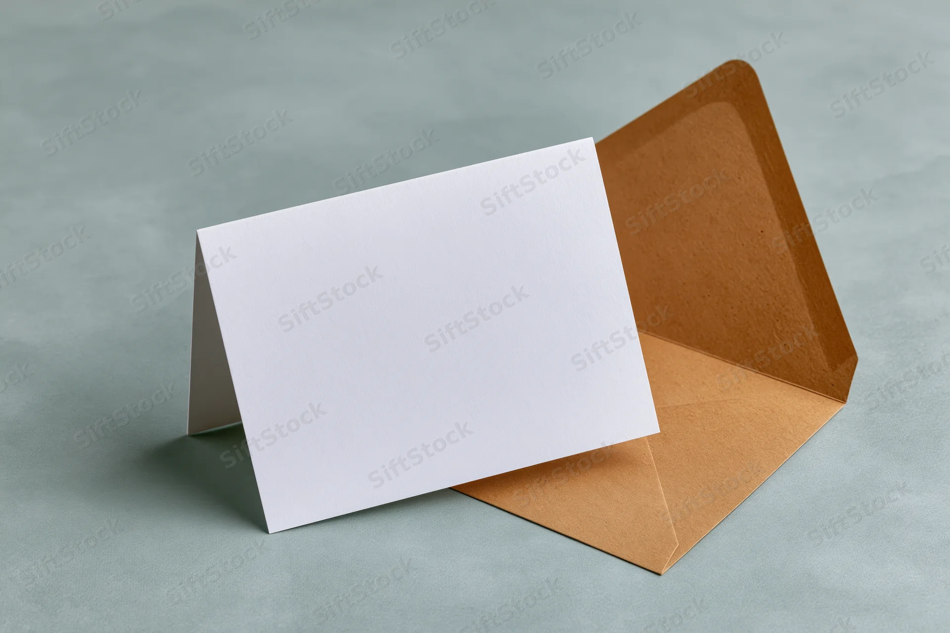Blank white greeting card folded and leaning against open kraft envelope on gray surface