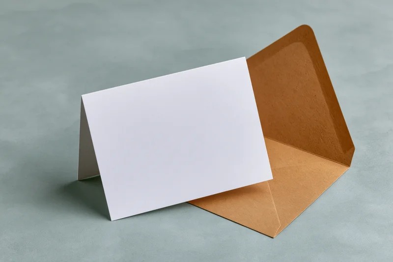 Blank white greeting card folded and leaning against open kraft envelope on gray surface