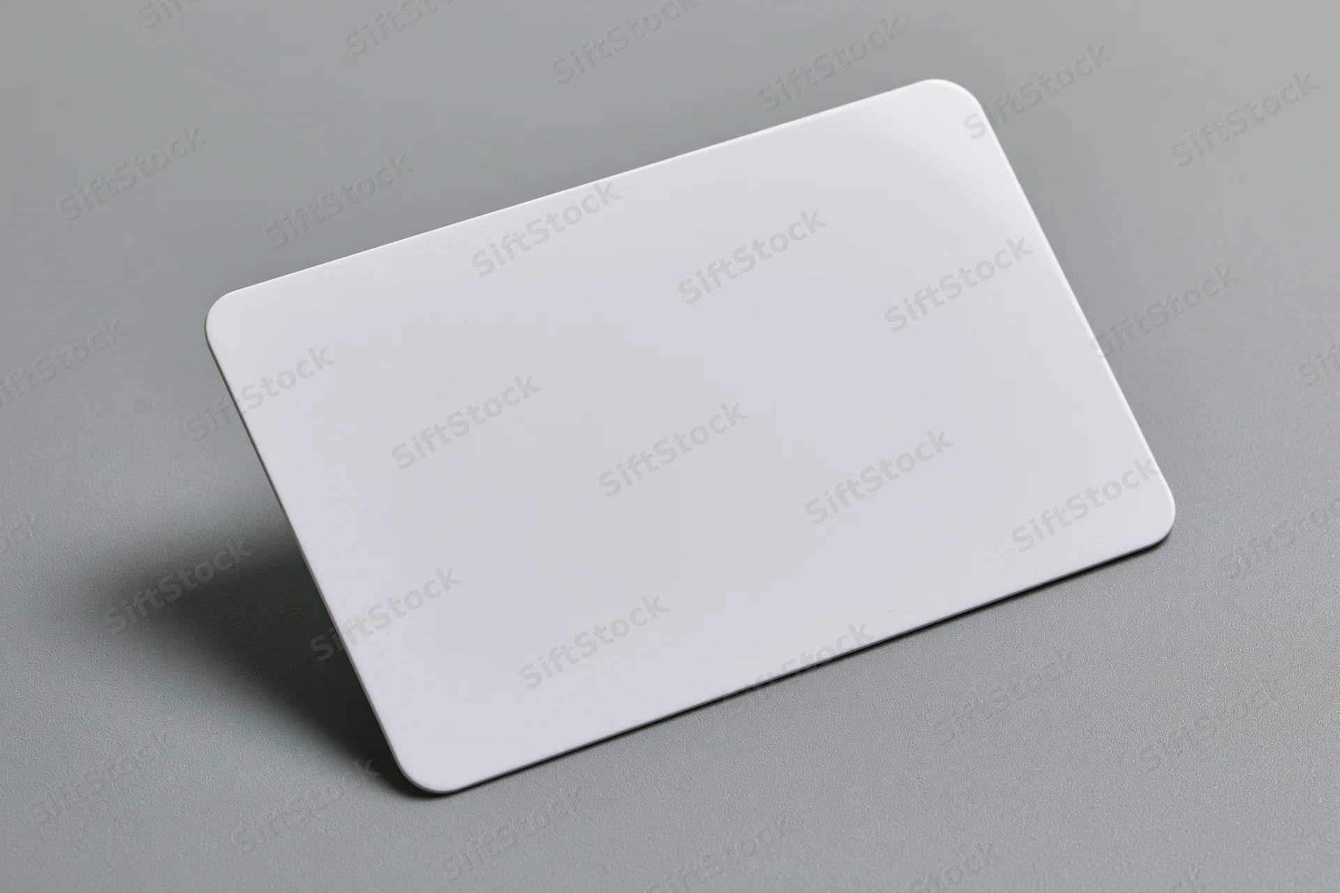 Blank white plastic card with rounded corners lying flat on gray surface