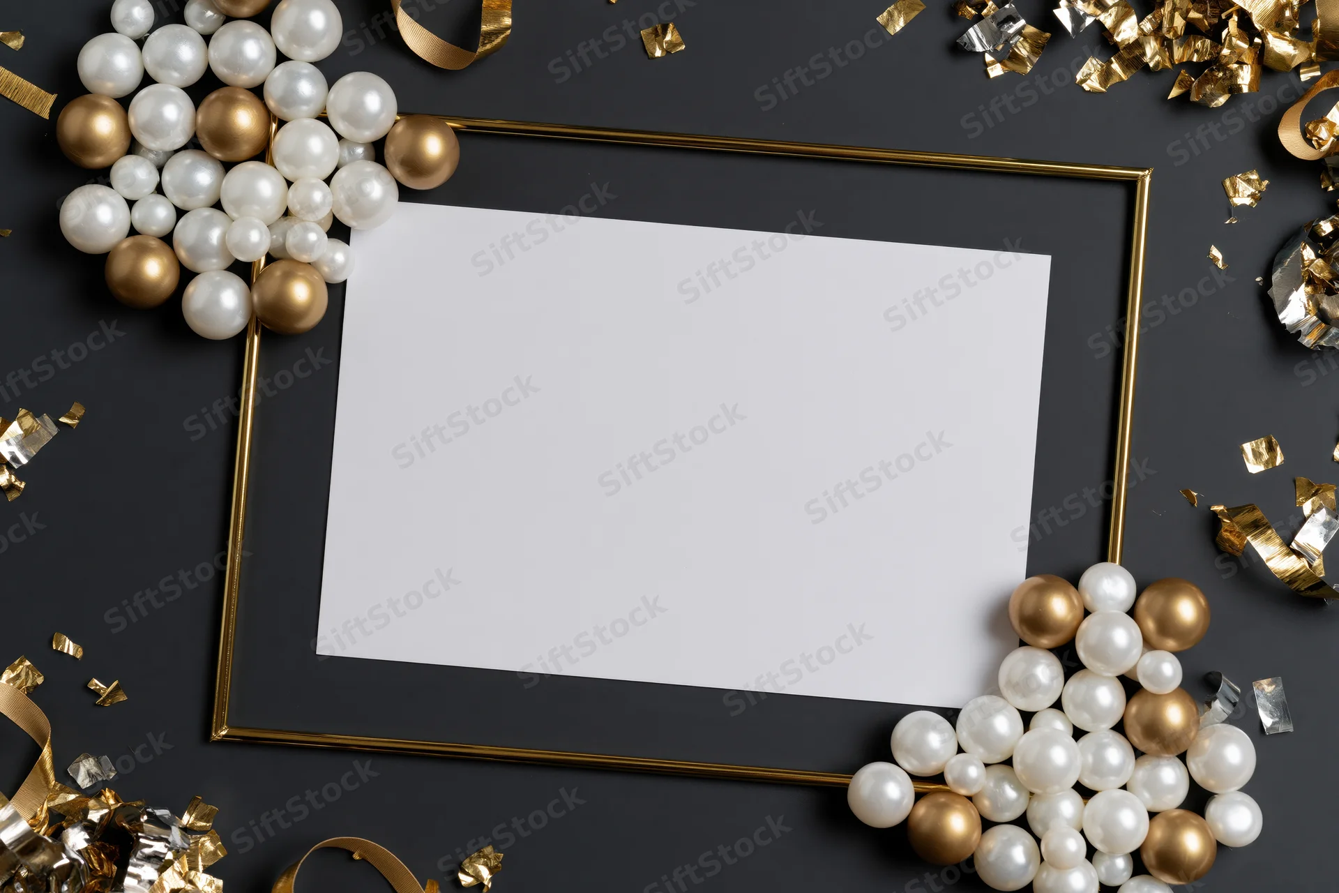 Gold frame with blank white card surrounded by pearls and confetti on dark background