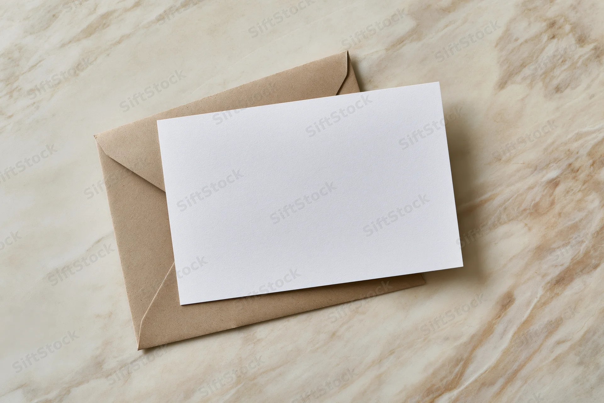 Blank white card resting on a brown kraft envelope on a marble surface