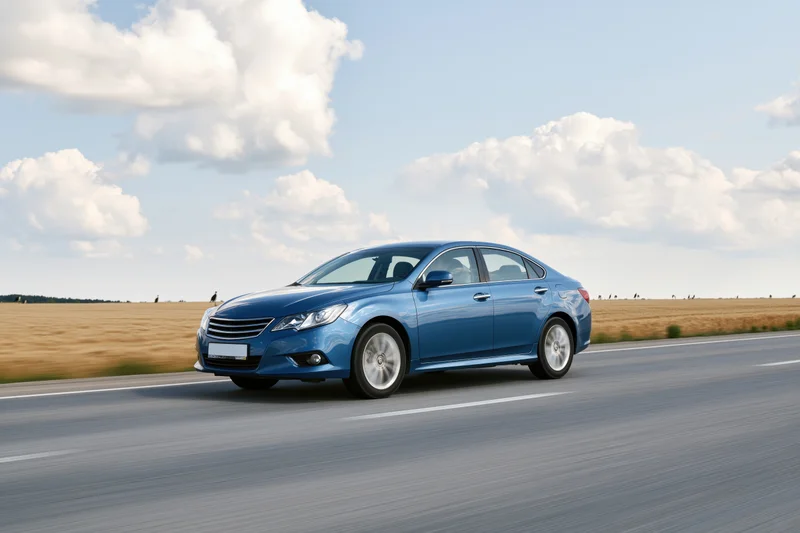 Blue midsize sedan driving on a two-lane asphalt highway through countryside fields under cloudy sky