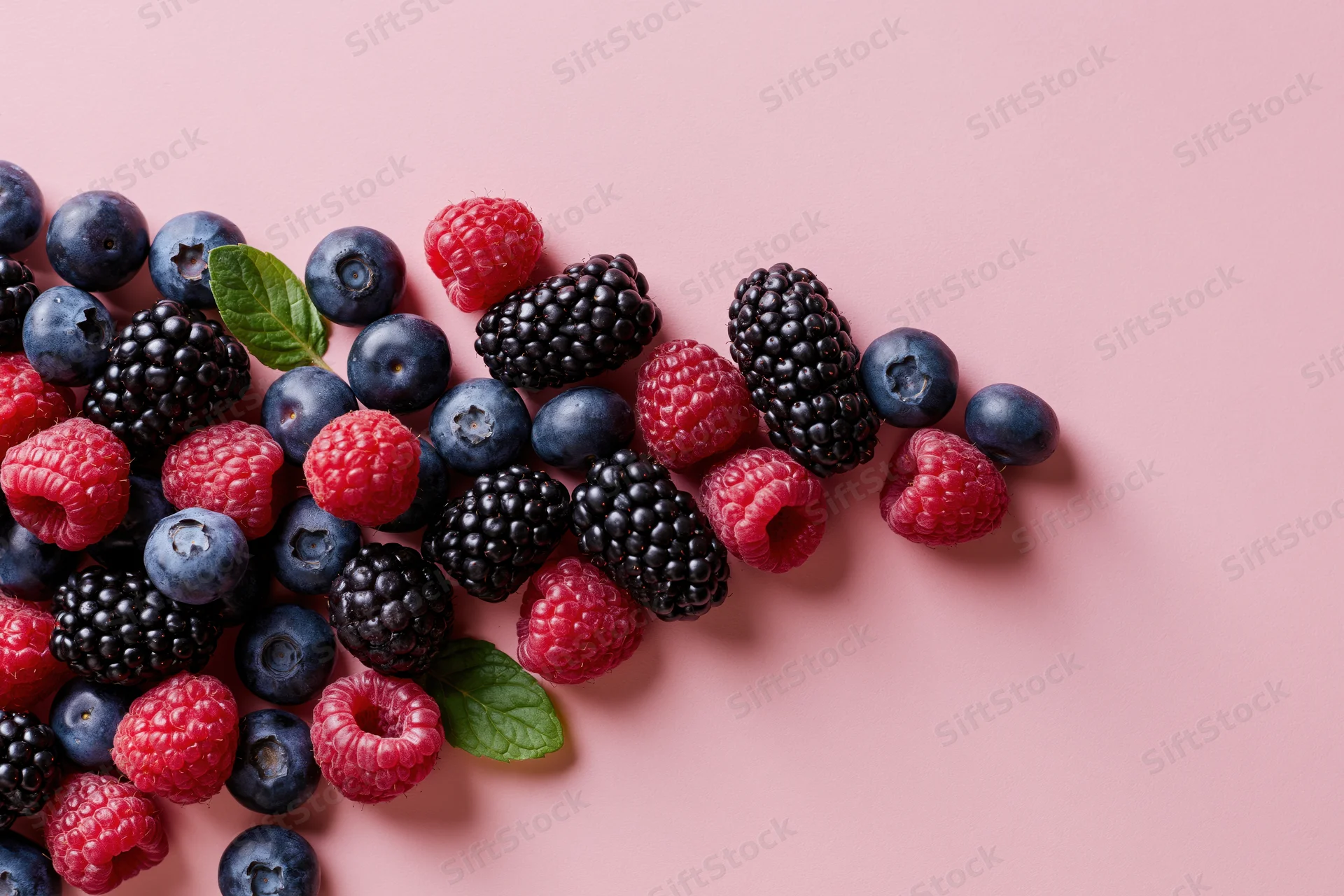 Blueberries, blackberries and raspberries scattered on a pink surface with mint leaves and copyspace