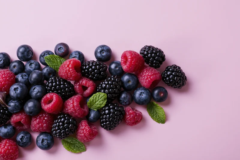 Blueberries, blackberries and raspberries scattered with mint leaves on pink background