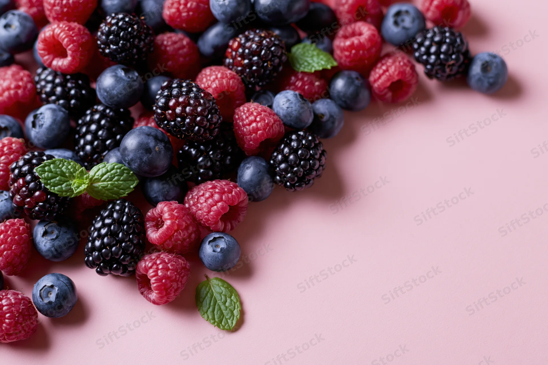 Blueberries, blackberries and raspberries scattered with mint leaves on a pink surface