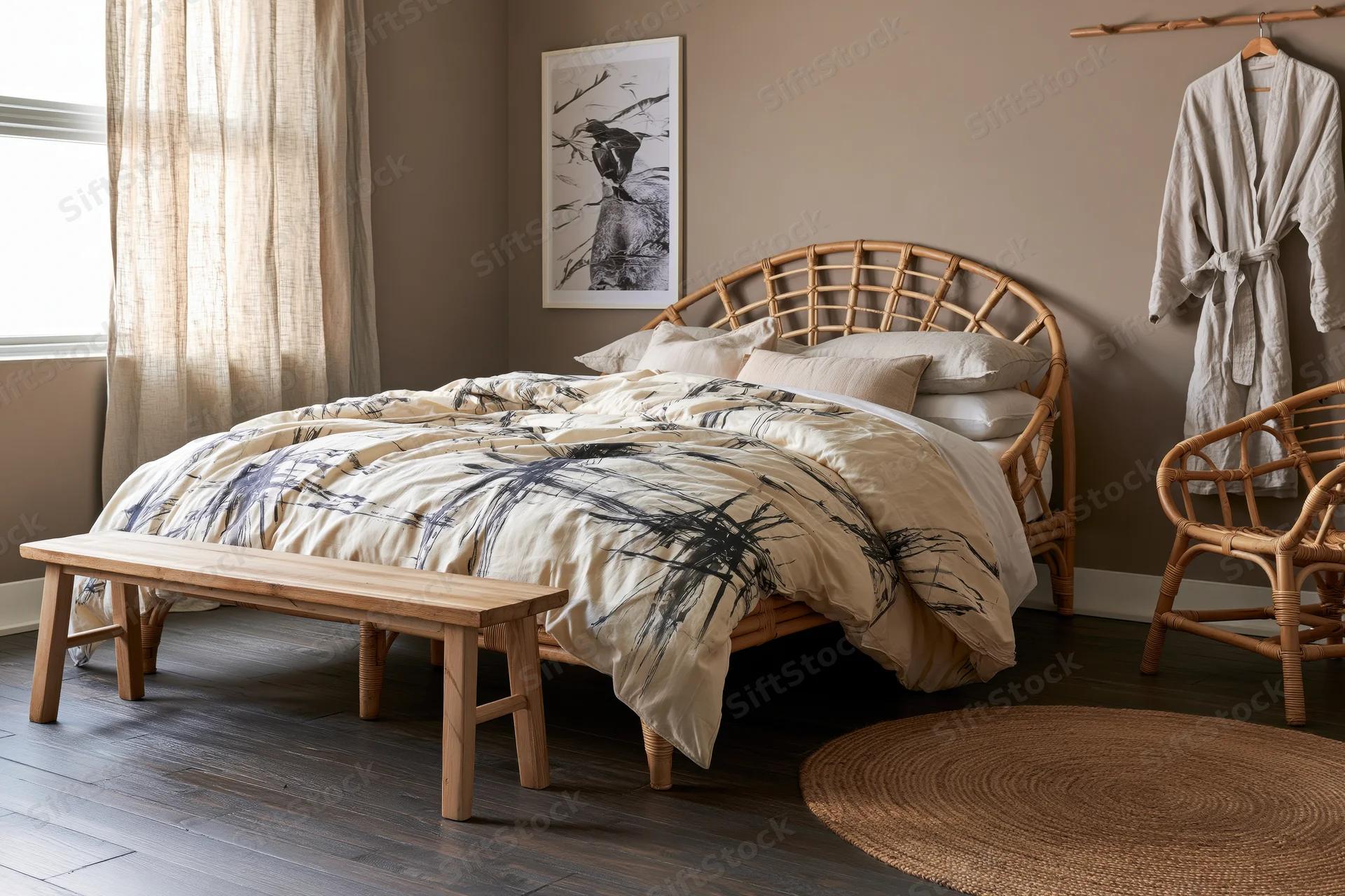 Bohemian bedroom with rattan bed and natural decor elements