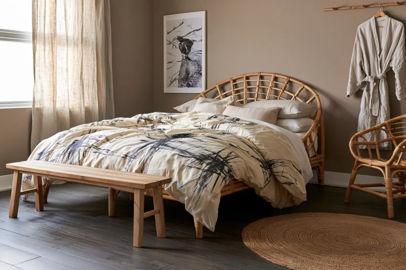 Bohemian bedroom with rattan bed and natural decor elements