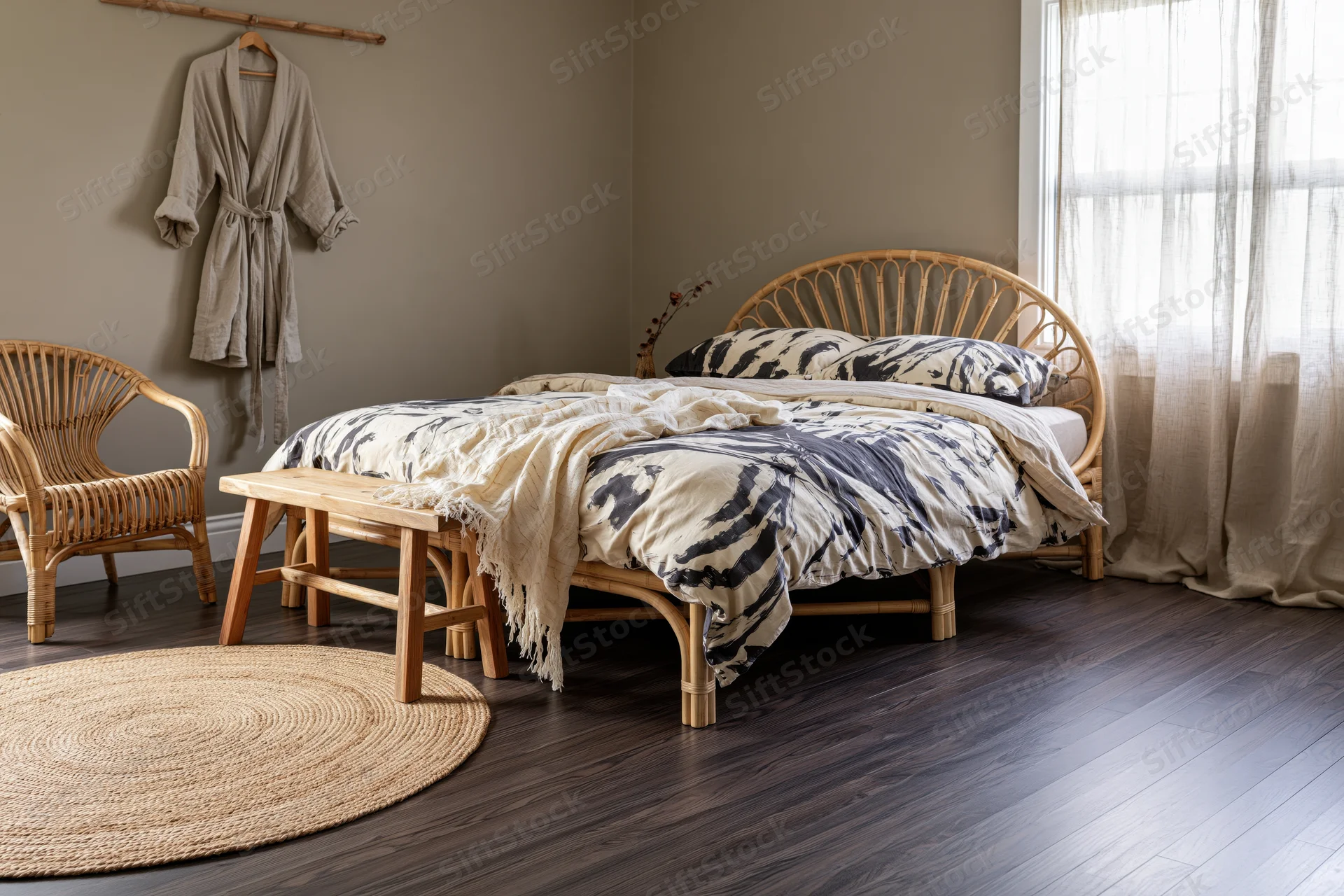 Bohemian bedroom with rattan double bed and natural decor