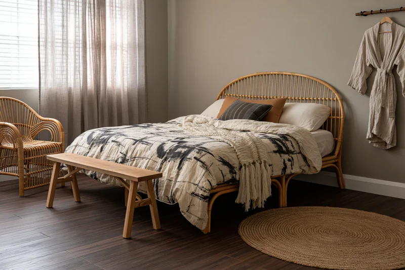Bohemian bedroom with rattan bed, wooden bench, and jute rug on hardwood floor