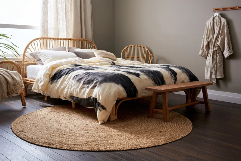 Boho bedroom with rattan-framed double bed dressed in linen