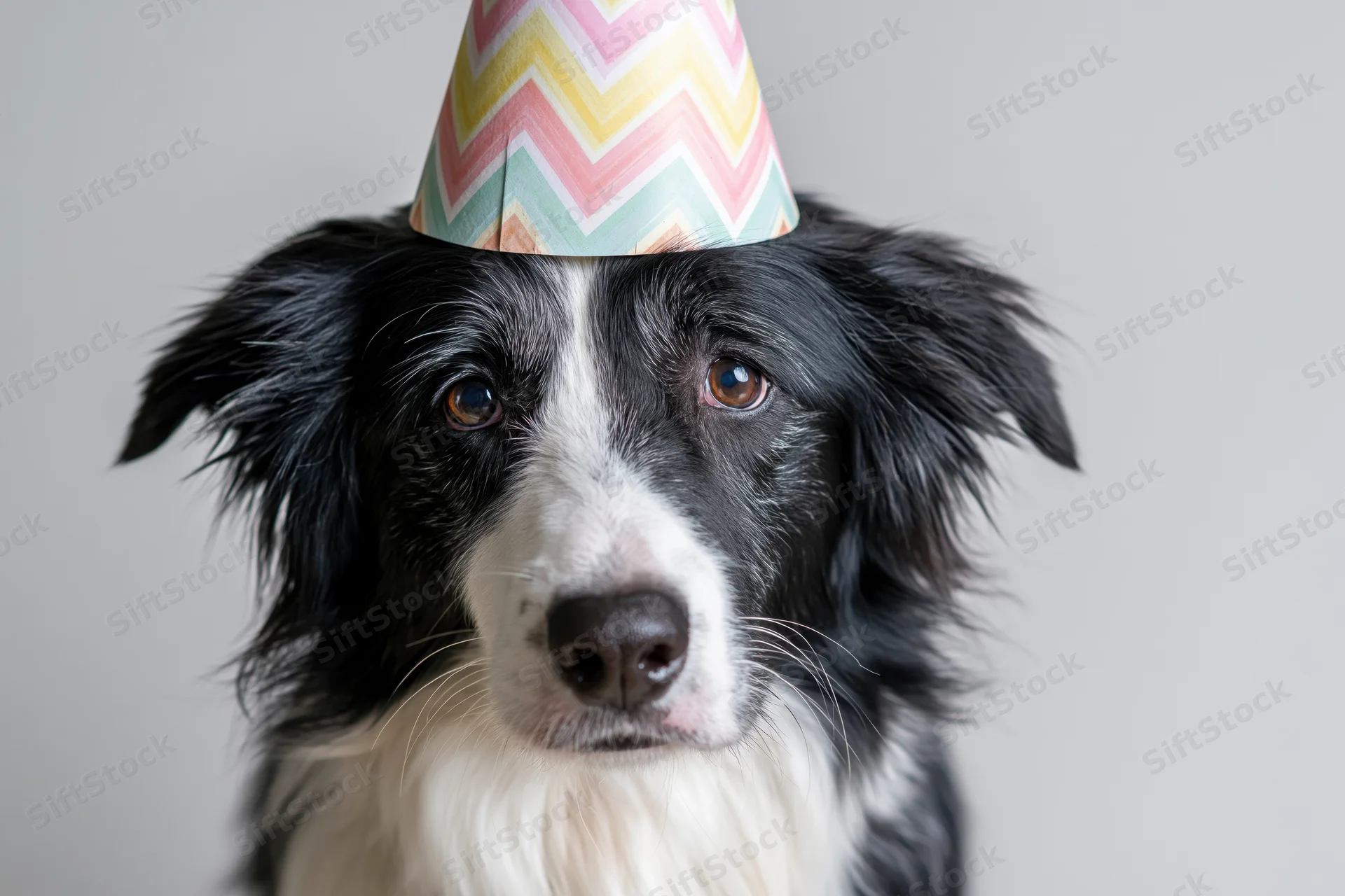 Border collie wearing a colorful chevron-patterned paper party hat in a studio portrait