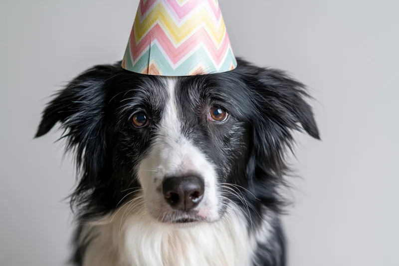 Border collie wearing a colorful chevron-patterned paper party hat in a studio portrait