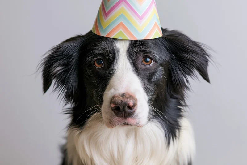 Border collie wearing a colorful chevron-patterned paper party hat in a studio portrait