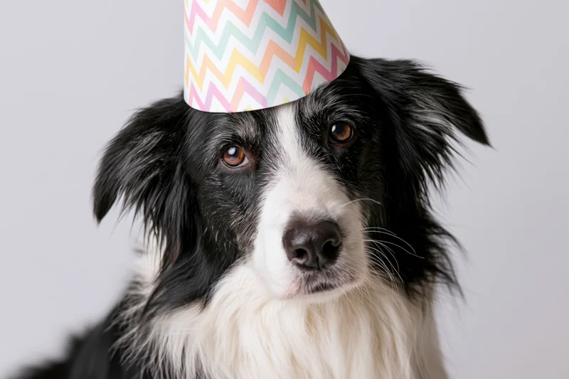 Border collie wearing a colorful chevron-patterned paper party hat in studio portrait