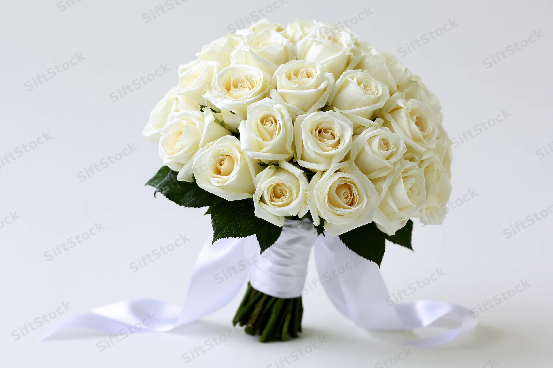 Bridal bouquet of densely packed white roses with green stems and ribbon on white background