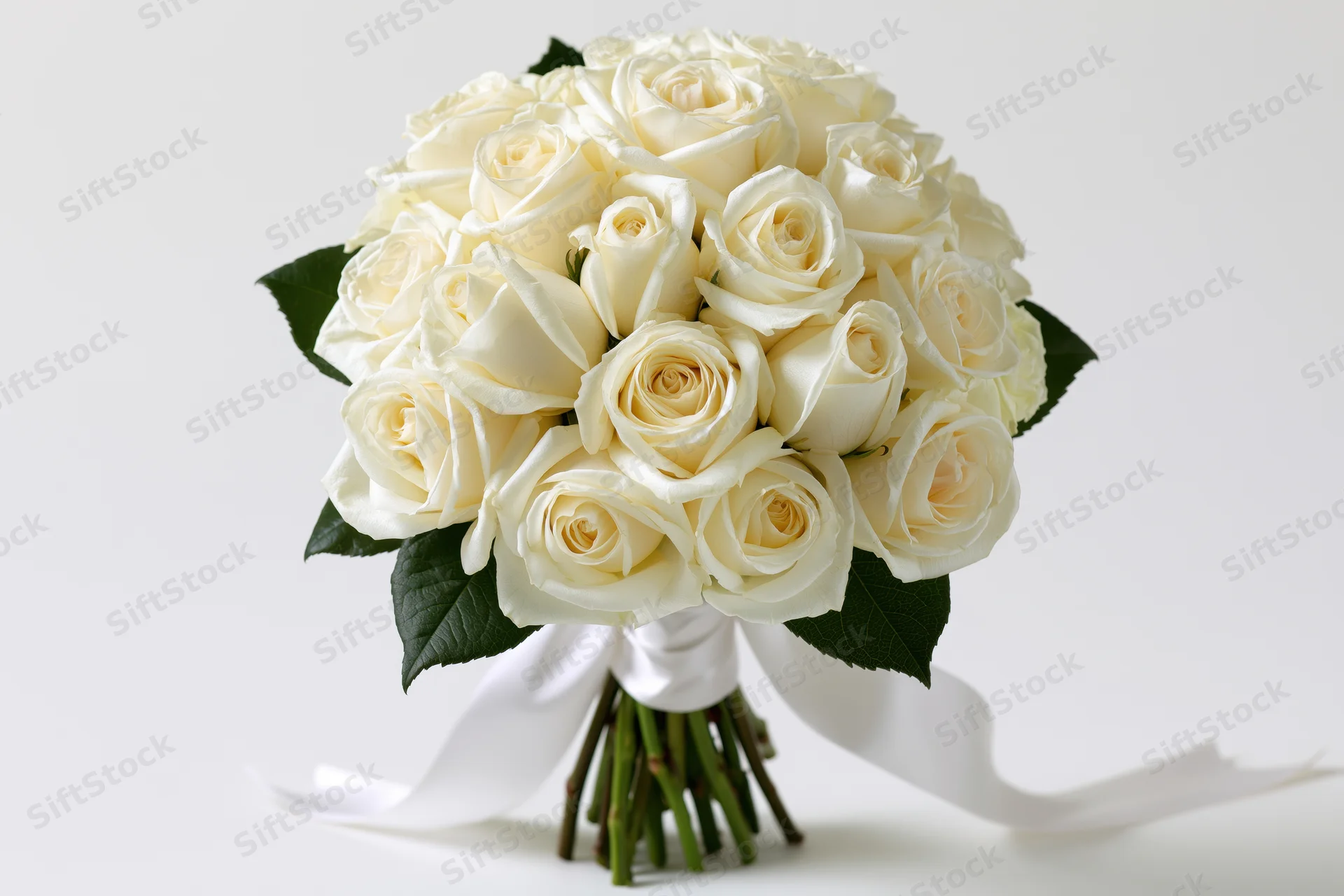 Dense bouquet of white roses with green leaves and white ribbon tied around stems on white background