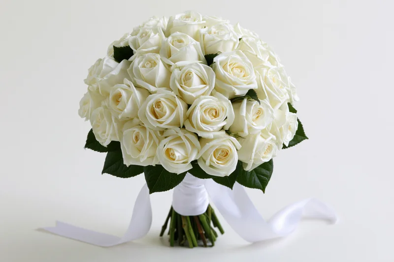 Bridal bouquet of densely packed white roses with dark green leaves and white ribbon on white background