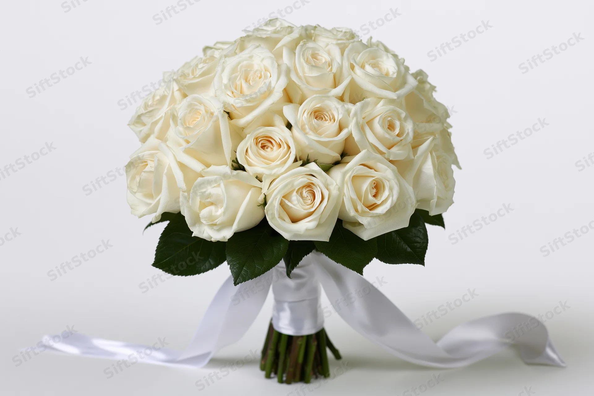 Bridal bouquet of white roses with green leaves and satin ribbon on white background