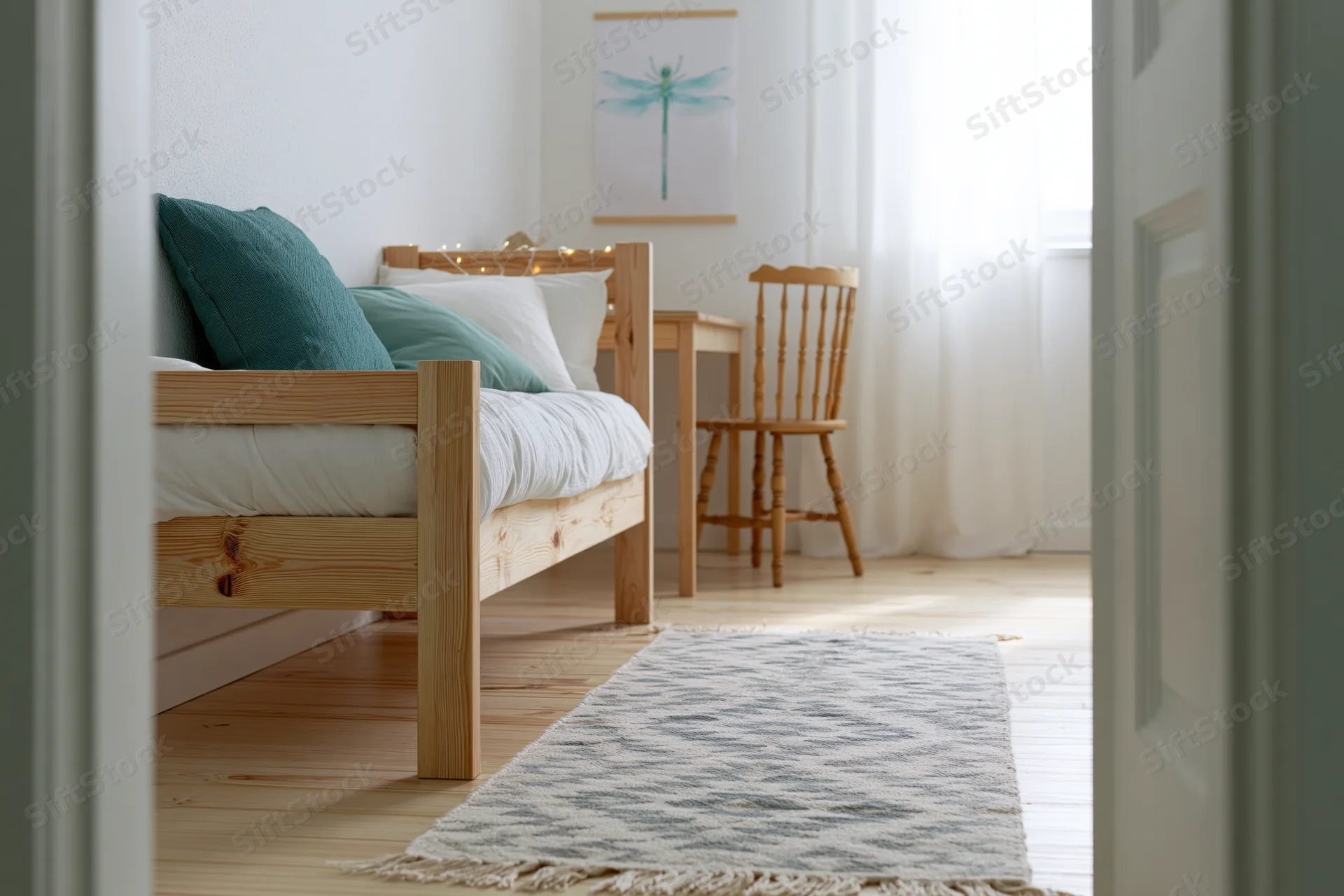 View through doorway into minimalist child's bedroom with wooden bed and dragonfly artwork