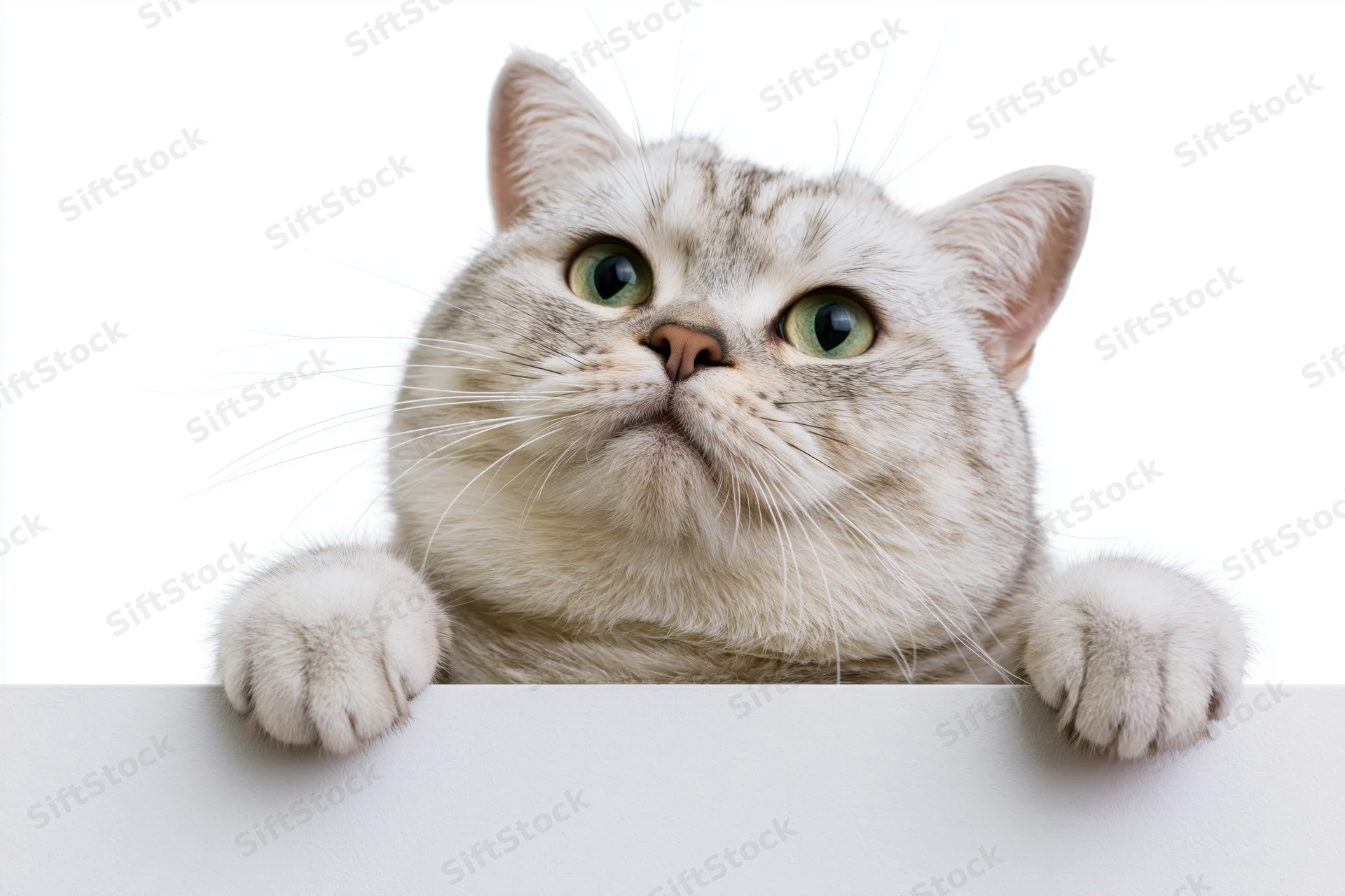 Silver tabby british shorthair cat peeking over white surface with paws and green eyes visible
